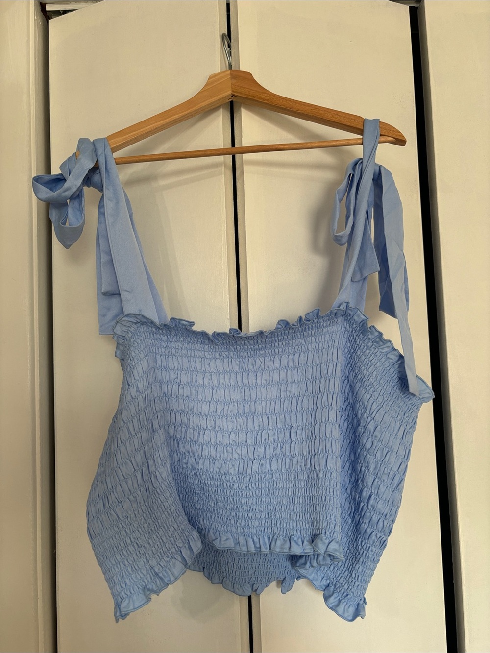 NWT Lovefool Smocked Tie-Strap Crop Top - Light Blue